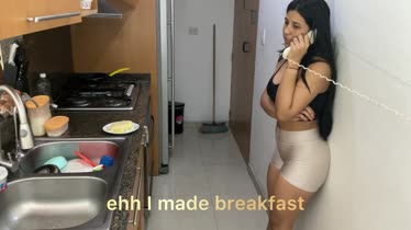 Unfaithful Latin wife fucks hard with her lover in the kitchen while talking on the phone with her husband
